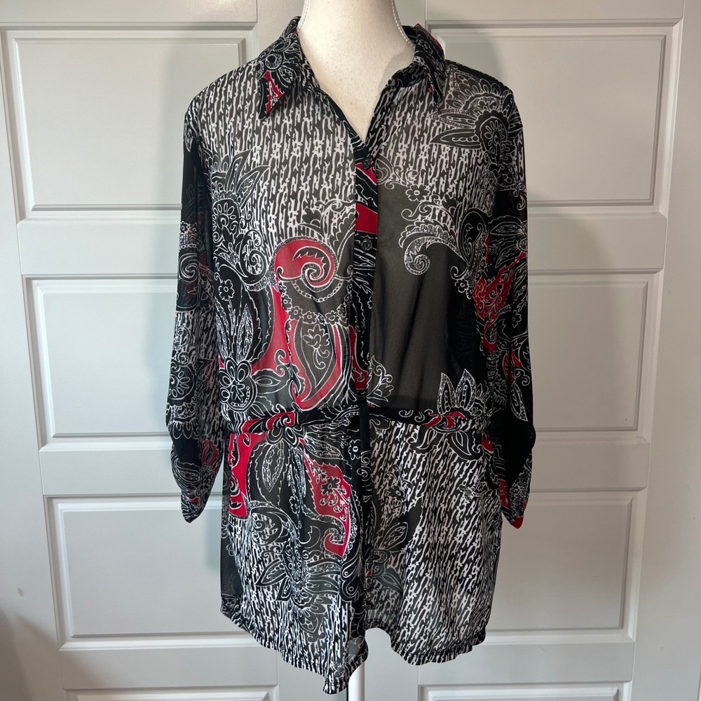 NWT Easywear by Chico's Sheer Luxury Scroll Janette Jacket Black Red Paisley‎ LG